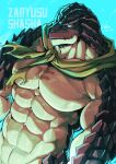  1boy abs bara canyne_khai chest_tattoo cloaca completely_nude frown furry furry_male highres jewelry large_pectorals lizardman looking_at_viewer male_focus muscular muscular_male nude overlord_(maruyama) pectorals plant scales scar scarf solo stomach tattoo zaryusu_shasha 