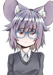  1girl absurdres animal_ear_fluff animal_ears bangs bespectacled blue-framed_eyewear blush breasts closed_mouth collared_shirt commentary_request empty_eyes expressionless ginger_ale_(syouga_6383) glasses grey_hair grey_sweater highres looking_at_viewer mouse_ears mouse_girl nazrin portrait shaded_face shirt short_hair simple_background small_breasts solo sweater touhou white_background white_shirt 