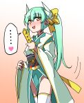  ... 1girl akitokage bangs blush breasts dragon_girl dragon_horns fate/grand_order fate_(series) folding_fan green_hair hand_fan heart high_ponytail highres horns japanese_clothes kimono kiyohime_(fate) long_hair long_sleeves looking_at_viewer medium_breasts multiple_horns obi open_mouth pelvic_curtain sash smile solo thighhighs thighs white_thighhighs wide_sleeves yellow_eyes 