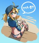  1girl ahoge akitokage artoria_pendragon_(fate) baseball_cap bikini blonde_hair blue_eyes blue_headwear blue_jacket blush breasts cropped_jacket curry eating fate/grand_order fate_(series) food hair_between_eyes hair_through_headwear hat highres jacket large_breasts long_hair long_sleeves looking_at_viewer looking_back mysterious_heroine_xx_(fate) ponytail sandals shrug_(clothing) sidelocks sitting solo speech_bubble swimsuit thighs translation_request white_bikini wristband 