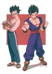  2boys :d absurdres artist_name biceps black-framed_eyewear black_eyes black_hair black_wristband blue_pants book boots brown_footwear clenched_hands closed_mouth collarbone dougi dragon_ball dragon_ball_super dragon_ball_super_super_hero dual_persona full_body glasses hands_up highres holding holding_book looking_at_viewer male_focus multiple_boys muscular muscular_male open_mouth pants pectorals red_background red_sash relio_db318 sandals sash shadow shirt short_hair simple_background smile son_gohan spiked_hair standing teeth twitter_username two-tone_background upper_teeth_only v-shaped_eyebrows white_background white_shirt wristband 
