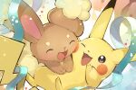  :d ;d buneary closed_eyes commentary_request green_ribbon happy no_humans one_eye_closed open_mouth pikachu pikatiu pokemon pokemon_(creature) ribbon smile tongue 
