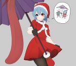  1girl absurdres alternate_costume bangs blue_eyes blue_hair capelet cowboy_shot dress english_commentary fur_trim grey_background hat heterochromia highres holding holding_umbrella karakasa_obake looking_at_viewer parted_lips red_capelet red_dress red_eyes red_headwear santa_costume santa_hat short_hair simple_background smile solo speech_bubble standing tatara_kogasa tongue tongue_out touhou umbrella umisaki 