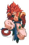  1boy abs absurdres artist_name baggy_pants biceps black_footwear black_vest black_wristband blue_eyes blue_sash body_fur boots closed_mouth collarbone dragon_ball dragon_ball_gt full_body gogeta hand_up head_rest head_tilt highres holding knee_up long_hair looking_at_viewer male_focus metamoran_vest monkey_tail muscular muscular_male open_clothes open_vest pants party_popper pectorals red_fur red_hair relio_db318 sash shadow simple_background sitting smile solo spiked_hair super_saiyan super_saiyan_4 tail twitter_username v-shaped_eyebrows veins vest white_background white_pants wristband 
