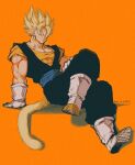  1boy absurdres arm_support artist_name biceps blonde_hair blue_eyes blue_sash boots closed_mouth collarbone crossed_legs dougi dragon_ball dragon_ball_z earrings full_body gloves hair_between_eyes highres invisible_chair jewelry looking_at_viewer male_focus monkey_tail muscular muscular_male orange_background orange_shirt pectorals potara_earrings relio_db318 sash shadow shirt short_sleeves simple_background sitting smile smirk solo spiked_hair super_saiyan super_saiyan_1 tail twitter_username v-shaped_eyebrows vegetto white_footwear white_gloves 