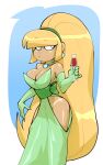  1girl aged_up bangs bigdad blonde_hair blue_background blue_eyes blunt_bangs border breasts champagne_flute cleavage cup dress drinking_glass elbow_gloves feet_out_of_frame gloves gravity_falls green_dress green_gloves hip_vent long_hair medium_breasts pacifica_northwest ponytail solo tan tanlines very_long_hair white_border 