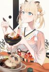  1girl absurdres bangs blonde_hair blue_eyes blush dress eating food gradient_kimono hair_ornament hakama highres hololive hotpot japanese_clothes kazama_iroha kimono masa_chin mushroom pink_hakama pokobee smile solo spring_onion tanuki two_side_up virtual_youtuber 