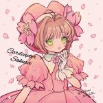  1girl bangs blush brown_hair cardcaptor_sakura cherry_blossoms copyright_name dated dress flower gloves green_eyes hat highres kinomoto_sakura looking_at_viewer magical_girl mameeekueya open_mouth petals pink_dress pink_flower pink_headwear puffy_short_sleeves puffy_sleeves short_hair short_sleeves smile solo twitter_username white_gloves 