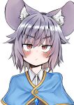  1girl absurdres animal_ear_fluff animal_ears bangs blue_capelet blush breasts capelet closed_mouth collared_shirt commentary_request crystal ginger_ale_(syouga_6383) grey_hair grey_vest highres jewelry looking_at_viewer mouse_ears mouse_girl nazrin pendant portrait shirt short_hair simple_background small_breasts solo touhou vest white_background white_shirt 