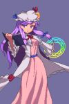  1girl book commentary crescent crescent_pin dress feet_out_of_frame grey_background hat holding holding_book long_hair mob_cap open_mouth patchouli_knowledge pink_dress pixel_art potemki11 purple_eyes purple_hair sidelocks simple_background solo touhou white_headwear 