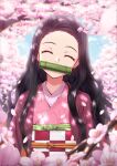  1girl absurdres bamboo bit_gag black_hair cherry_blossoms closed_eyes falling_petals gag gagged hair_ribbon haori head_tilt highres japanese_clothes kamado_nezuko kimetsu_no_yaiba kimono obi outdoors petals pink_kimono pink_ribbon ribbon sash solo upper_body zawa_(user_ndkv3377) 