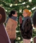  2boys black_coat black_hair black_pants blonde_hair blue_scarf blush boku_no_hero_academia christmas christmas_tree closed_eyes coat commentary english_commentary eraser_head_(boku_no_hero_academia) facial_hair grin hair_bun hair_up hand_in_pocket hand_up highres long_hair looking_at_another male_focus multiple_boys okeb21 pants ponytail present_mic red_mittens scar scar_on_cheek scar_on_face scarf single_hair_bun smile standing stubble tinted_eyewear white_pants yellow-tinted_eyewear 