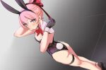  1girl animal_ears ass back bare_legs black_gloves blush bow bowtie breasts cleavage detached_collar dutch_angle fake_animal_ears gloves looking_at_viewer original pink_hair playboy_bunny ponytail purple_eyes rabbit_ears rabbit_tail skeptycally solo tail thigh_strap wrist_cuffs 