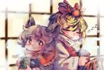  2girls animal_ears animal_print bangs black_hair blonde_hair blush bright_pupils capelet closed_eyes commentary_request cup fang grey_capelet grey_hair highres holding holding_cup long_sleeves mame_komari mouse_ears mouse_girl multicolored_hair multiple_girls nazrin print_skirt red_eyes red_scarf scarf short_hair shouji skirt sleeping sliding_doors streaked_hair tiger_print toramaru_shou touhou twitter_username two-tone_hair white_pupils yunomi zzz 