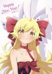  1girl absurdres animal_ears bangs bare_shoulders blonde_hair bow chinese_zodiac closed_mouth collar dice drawdream1025 fake_animal_ears fang fang_out hair_bow happy_new_year highres long_hair looking_at_viewer monogatari_(series) oshino_shinobu petite portrait rabbit_ears red_bow shadow simple_background solo strapless swept_bangs vampire white_background year_of_the_rabbit yellow_eyes 