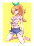  1girl alternate_costume barefoot blonde_hair blue_bow blue_eyes blue_shorts bow breasts cleavage denim denim_shorts earrings full_body hair_bow hair_over_one_eye highres jewelry kneeling legs long_hair looking_at_viewer mario_(series) midriff navel nonoworks ponytail rosalina shirt shorts smile solo star_(symbol) star_earrings super_mario_galaxy tied_shirt white_shirt 