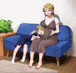  2girls :d :o aged_up blue_shirt blue_skirt breasts brown_dress child commission couch dress feet hand_on_own_stomach highres indoors koizumi_hanayo large_breasts lips listening love_live! mature_female medium_hair mother_and_daughter multiple_girls no_shoes on_couch pantyhose plant pregnant purple_eyes school_uniform serafuku shirt short_sleeves signature sitting skeb_commission skirt smile socks tachibana_roku teeth toes upper_teeth_only wall white_shirt white_socks wide-eyed wooden_floor 