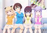  4girls blonde_hair blue_eyes brown_hair chair closed_mouth iijima_yun multiple_girls new_game! open_mouth purple_eyes purple_hair shinoda_hajime short_hair shorts sitting suzukaze_aoba swimsuit takimoto_hifumi v 