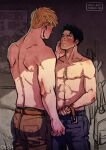  2boys abs arm_hair bad_id bad_tumblr_id bara black_hair blonde_hair blush chest_hair couple cris_art denim earrings eye_contact feet_out_of_frame from_side green_male_underwear hand_on_another&#039;s_cheek hand_on_another&#039;s_face height_difference hulkling indoors jeans jewelry leather_belt looking_at_another male_focus male_underwear male_underwear_peek marvel multiple_boys muscular muscular_male navel navel_hair nipples pants short_hair sideburns stomach toned toned_male topless_male underwear undressing_another wiccan yaoi 