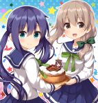  3girls blue_eyes blue_hair cake closed_mouth food grey_eyes grey_hair highres holding holding_food koisuru_asteroid long_hair mole monaka_ao morino_mari multiple_girls open_mouth ruu_(tksymkw) school_uniform smile 