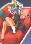  1girl absurdres animal_ears bangs between_breasts blush bound bound_arms bow breasts clenched_teeth commentary_request couch full_body green_bow green_ribbon greenpiecerice grey_hair grey_skirt grey_vest highres layered_clothes long_sleeves looking_at_viewer mouse_ears mouse_girl mouse_tail nazrin panties red_eyes ribbon ribbon_bondage shirt short_hair single_sock skirt skirt_set small_breasts socks solo strap_between_breasts tail teeth touhou underwear v-shaped_eyebrows vest white_panties white_shirt white_socks yes yes-no_pillow 