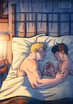  2boys bad_id bad_tumblr_id bara bed_sheet black_hair blonde_hair blush couple cris_art dark eye_contact hulkling looking_at_another lying male_focus marvel multiple_boys muscular muscular_male naked_sheet nude on_bed on_side shared_blanket short_hair sideburns smile thick_eyebrows wiccan yaoi 