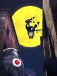  asakihayato building commentary_request dusclops from_below highres looking_down moon night no_humans outdoors pokemon pokemon_(creature) red_eyes sitting sky umbreon 