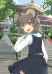  1girl :d animal_ears bangs black_skirt black_vest blue_sky blush brown_eyes cloud commentary_request cowboy_shot day grey_hair highres long_sleeves looking_at_viewer looking_back mouse_ears mouse_girl mouse_tail nayozane_(worker7) nazrin open_mouth outdoors pointing shirt short_hair shrine skirt sky smile solo stone_lantern tail teeth touhou tree upper_teeth_only vest white_shirt 