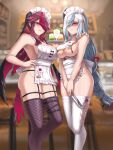  2girls absurdres alternate_costume anger_vein apron artist_name asymmetrical_docking barbara_(genshin_impact) biting black_garter_straps black_thighhighs blue_eyes blue_nails blurry blurry_background breast_curtain breast_press burnt_green_tea character_pin closed_mouth earrings english_commentary enmaided fishnet_thighhighs fishnets frown ganyu_(genshin_impact) genshin_impact glaring glowing glowing_eyes grey_hair habit hair_ornament hair_over_one_eye hand_on_hip highres holding holding_knife holding_tray jewelry knife lip_biting long_hair looking_at_viewer maid maid_headdress multicolored_hair multiple_girls naked_apron name_tag parted_lips purple_hair red_eyes red_hair red_nails rosaria_(genshin_impact) shenhe_(genshin_impact) streaked_hair tassel tassel_earrings thigh_strap thighhighs tray white_thighhighs 