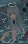  1girl absurdres arm_support bangs blue_ribbon blush bra bra_visible_through_clothes collared_shirt grey_hair halo highres knees_up light_frown long_hair looking_at_viewer looking_up messy_hair mochi_232310 neck_ribbon on_floor open_mouth original partially_submerged pink_bra red_eyes ribbon road_sign shirt short_sleeves sign solo traffic_cone traffic_light underwear water wet wet_clothes wet_shirt 