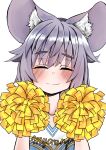  1girl absurdres animal_ear_fluff animal_ears bangs blush breasts cheerleader closed_eyes closed_mouth commentary_request ginger_ale_(syouga_6383) grey_hair highres mouse_ears mouse_girl nazrin pom_pom_(cheerleading) portrait short_hair simple_background small_breasts smile solo split_mouth touhou white_background 