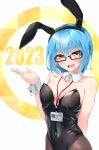  1girl 2023 animal_ears blue_hair blush chinese_zodiac collarbone commentary_request covered_navel detached_collar fake_animal_ears glasses happy_new_year hayabusa_aoi highres id_card leotard nail_polish original pantyhose playboy_bunny rabbit_ears semi-rimless_eyewear short_hair solo strapless strapless_leotard under-rim_eyewear wavy_mouth wrist_cuffs year_of_the_rabbit yellow_eyes 