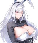  1girl absurdres animal_ears breast_hold breast_tattoo breasts cleavage cleavage_cutout clothing_cutout ethel_(xenoblade) glowing glowing_eye grey_hair highres large_breasts long_hair one_eye_closed rabbit_ears tattoo ug333333 white_background xenoblade_chronicles_(series) xenoblade_chronicles_3 