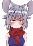  1girl :t absurdres animal_ear_fluff animal_ears bangs blue_tank_top blush breasts closed_mouth commentary_request frown ginger_ale_(syouga_6383) grey_hair highres looking_at_viewer mouse_ears mouse_girl nazrin portrait pout red_scarf scarf short_hair simple_background small_breasts solo tank_top touhou v-shaped_eyebrows white_background 