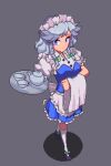  1girl blue_eyes braid closed_mouth cup from_above full_body grey_background grey_hair holding holding_tray izayoi_sakuya maid maid_headdress pixel_art potemki11 side_braids simple_background smile solo standing teacup teapot thighhighs touhou towel tray twin_braids white_thighhighs 
