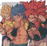  3boys abs absurdres arm_on_shoulder artist_name biceps black_vest blonde_hair blue_eyes blue_hair blue_sash closed_mouth collarbone crossed_arms dragon_ball dragon_ball_gt dragon_ball_super dragon_ball_z frown gogeta green_eyes grey_background grin halo hand_on_own_chin hand_up highres looking_at_viewer looking_away male_focus metamoran_vest multiple_boys multiple_persona muscular one_eye_closed open_clothes open_vest pants pectorals purple_sash red_hair relio_db318 sash simple_background smile spiked_hair super_saiyan super_saiyan_1 super_saiyan_4 super_saiyan_blue teeth twitter_username two-tone_background upper_body v-shaped_eyebrows veins vest white_background white_pants 