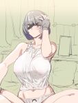  1girl bare_shoulders blush bow bow_(bhp) bow_panties breasts brown_eyes closed_mouth eye_mask fingerless_gloves gloves grey_gloves grey_hair huge_breasts indian_style navel no_bra one_eye_covered original panties shirt short_hair sitting sleep_mask solo underwear white_panties 