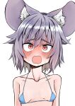 1girl absurdres animal_ear_fluff animal_ears areola_slip bangs bikini blue_bikini blush breasts commentary_request ginger_ale_(syouga_6383) grey_hair highres looking_at_viewer mouse_ears mouse_girl nazrin open_mouth portrait short_hair simple_background small_breasts solo surprised sweat swimsuit touhou white_background 