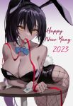  1girl 2023 absurdres animal_ears arms_under_breasts bangs big_hair black_hair blue_archive breasts chinese_zodiac cleavage crossed_arms detached_collar english_text fishnets hair_between_eyes happy_new_year highres jinbin825 karin_(blue_archive) karin_(bunny)_(blue_archive) large_breasts leaning_on_table long_hair looking_at_viewer mouth_hold new_year number_tattoo official_alternate_costume playboy_bunny pony rabbit_ears rabbit_tail red_ribbon ribbon ribbon_in_mouth solo tail tattoo thighs very_long_hair wrist_cuffs year_of_the_rabbit yellow_eyes 