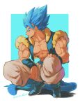  1boy absurdres artist_name baggy_pants bare_shoulders biceps black_footwear black_vest blue_background blue_eyes blue_hair blue_sash blue_tail boots closed_mouth collarbone dragon_ball dragon_ball_super full_body gogeta highres looking_at_viewer male_focus metamoran_vest monkey_tail muscular muscular_male open_clothes open_vest pants pectorals profile relio_db318 sash shadow sideways_glance simple_background solo spiked_hair squatting super_saiyan super_saiyan_4 tail twitter_username two-tone_background v-shaped_eyebrows vest white_background white_pants 