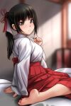  1girl :o absurdres arm_support barefoot black_hair blurry blurry_background blush breasts brown_eyes depth_of_field feet from_side hakama hakama_skirt hand_up highres indoors japanese_clothes kimono long_hair long_sleeves looking_at_viewer looking_to_the_side matsunaga_kouyou miko nose_blush original parted_lips ponytail red_hakama sidelocks sitting skirt sleeves_past_wrists small_breasts soles solo toes wariza white_kimono wide_sleeves 