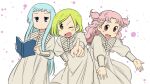  3girls :d bangs blue_eyes blue_hair blush book closed_mouth coco_(tongari_boushi_no_atelier) dress green_eyes green_hair hand_on_hip highres holding holding_book long_hair long_sleeves multiple_girls nichijou one_eye_closed open_book open_mouth parody pink_eyes pink_hair pointing pointing_at_viewer riche_(tongari_boushi_no_atelier) short_hair smile style_parody tethia_(tongari_boushi_no_atelier) tongari_boushi_no_atelier two_side_up yongji_(moli1023) 