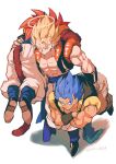  3boys abs absurdres arm_up artist_name baggy_pants bare_shoulders biceps black_footwear black_vest black_wristband blonde_hair blue_eyes blue_hair blue_sash boots carrying carrying_over_shoulder closed_eyes closed_mouth collarbone crossed_arms dragon_ball dragon_ball_gt dragon_ball_super dragon_ball_z frown full_body gogeta halo highres looking_at_viewer male_focus metamoran_vest monkey_tail multiple_boys multiple_persona muscular muscular_male open_clothes open_vest pants pectorals red_hair relio_db318 sash shadow simple_background smile smirk spiked_hair standing super_saiyan super_saiyan_1 super_saiyan_4 super_saiyan_blue sweatdrop tail twitter_username v-shaped_eyebrows vest white_background white_pants wristband 