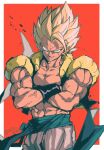  1boy abs absurdres artist_name biceps black_vest blonde_hair blue_eyes blue_sash border collarbone crossed_arms dragon_ball dragon_ball_z gogeta highres looking_at_viewer male_focus metamoran_vest muscular muscular_male open_clothes open_vest outside_border pants parted_lips pectorals red_background relio_db318 sash simple_background smile solo spiked_hair standing super_saiyan super_saiyan_1 teeth twitter_username v-shaped_eyebrows veins vest white_border white_pants 