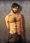  1boy abs aged_up alternate_facial_hair arm_behind_back arm_hair bad_deviantart_id bad_id bara beard black_hair chest_hair cowboy_shot cris_art denim facial_hair green_male_underwear hairy jeans looking_at_viewer male_focus male_underwear male_underwear_peek marvel mature_male mustache navel navel_hair nipples pants pectorals redrawn short_hair sideburns smile solo stomach thick_eyebrows toned toned_male topless_male underwear wiccan 