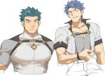  2boys bara chest_belt cleavage_cutout clothing_cutout cropped_torso green_hair half-closed_eyes highres large_pectorals long_sideburns male_focus multiple_boys muscular muscular_male original pectoral_cleavage pectorals sagami_jon short_hair sideburns smirk spiked_hair staring thick_eyebrows 