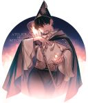  1boy absurdres black_hair blue_eyes cloak closed_mouth collared_shirt copyright_name facial_hair fire futsutsuka gem highres lamp long_sleeves looking_at_viewer male_focus olruggio_(tongari_boushi_no_atelier) pointy_hat shirt short_hair solo tongari_boushi_no_atelier white_shirt wide_sleeves 