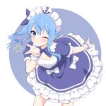  1girl absurdres anchor_symbol bangs blowing_kiss blue_bow blue_bowtie blue_dress blue_eyes blue_hair blush bow bowtie breasts closed_mouth cosplay dress felutiahime frilled_dress frills hair_bow highres hololive hoshimachi_suisei looking_at_viewer maid maid_headdress medium_hair minato_aqua minato_aqua_(cosplay) one_eye_closed one_side_up outstretched_arm short_dress short_sleeves small_breasts solo star_(symbol) star_in_eye symbol_in_eye virtual_youtuber white_bow wrist_cuffs 