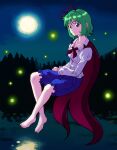  1girl absurdres antennae bangs barefoot blue_shorts breasts brown_cape cape closed_mouth collared_shirt crossed_legs expressionless feet fireflies frilled_shorts frilled_sleeves frills full_body full_moon green_eyes green_hair highres long_sleeves looking_at_viewer medium_breasts moon night outdoors reflection reflective_water shirt short_hair shorts solo toenails toes touhou water watson_cross white_shirt wriggle_nightbug zawabug 