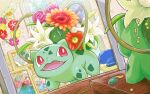  ^_^ asakihayato bright_pupils closed_eyes comfey commentary_request fangs flower ivysaur leaf mirror no_humans orange_flower photo_(object) plant pokemon pokemon_(creature) red_eyes reflection venusaur vines white_pupils 